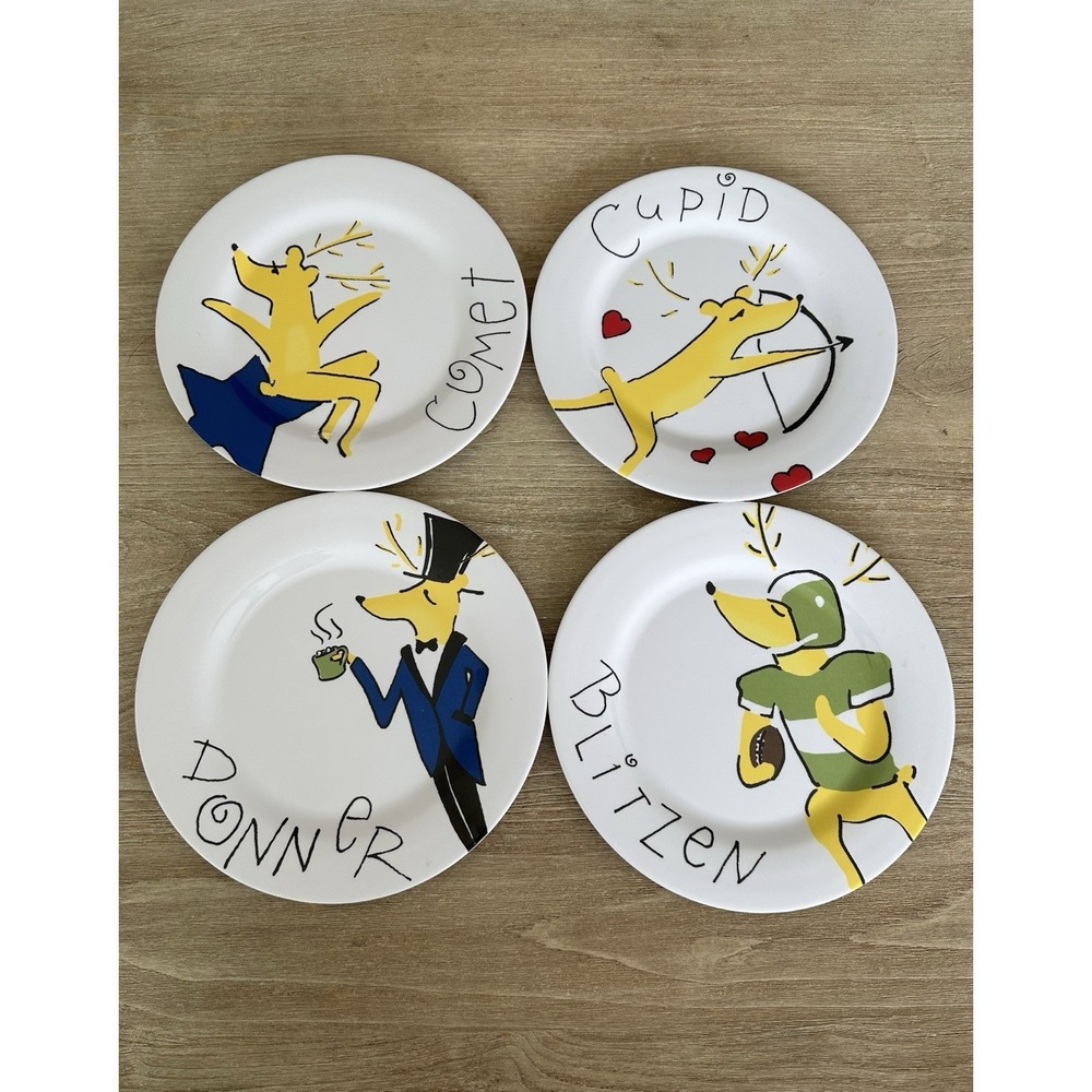 Pottery Barn Kids Santa's Reindeer Melamine Plates Set  Comet Cupid Donner Blitz